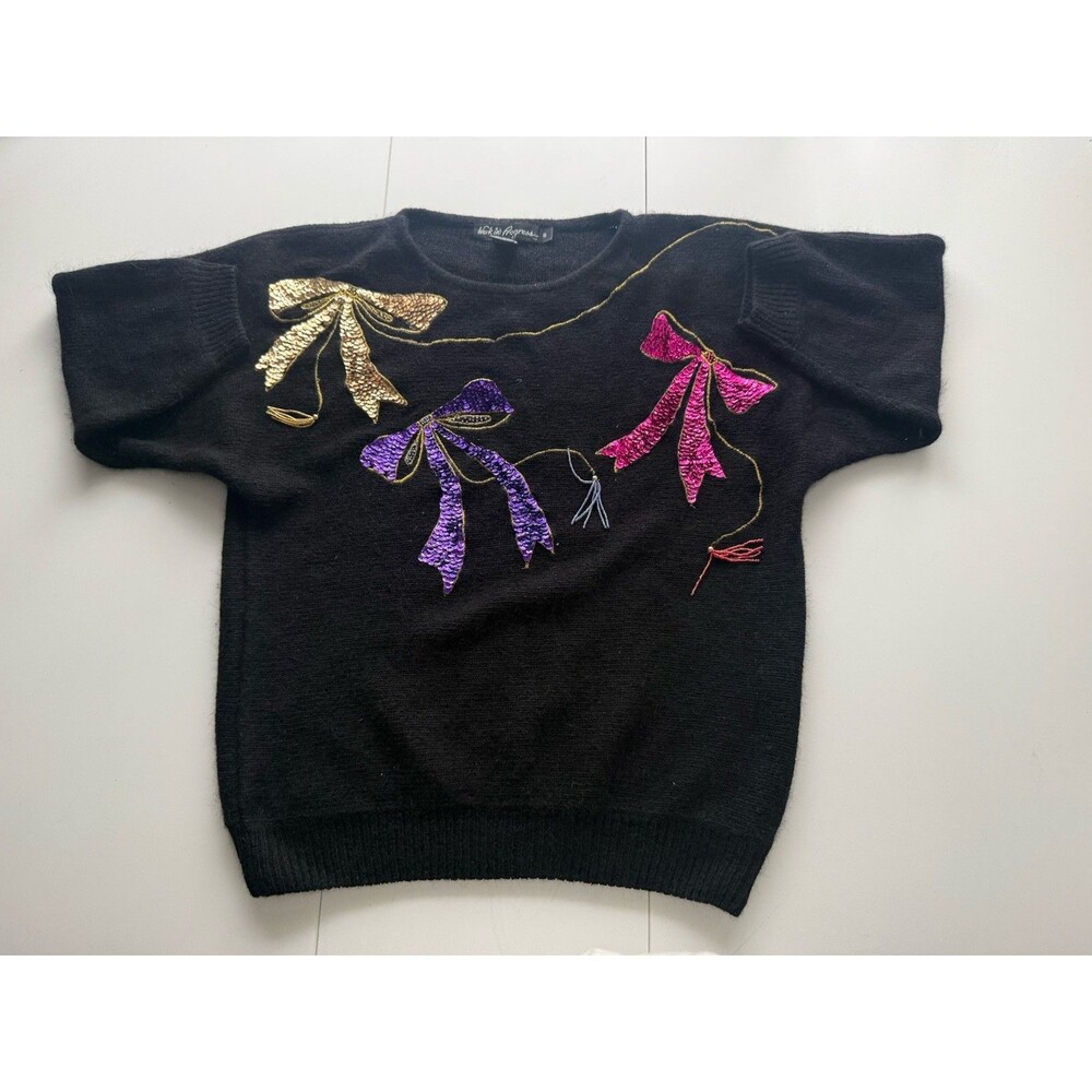 Work in Progress Christmas sweater S pullover bows dangle sequin 3/4 Sleeve